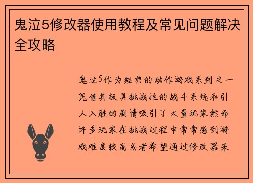 鬼泣5修改器使用教程及常见问题解决全攻略